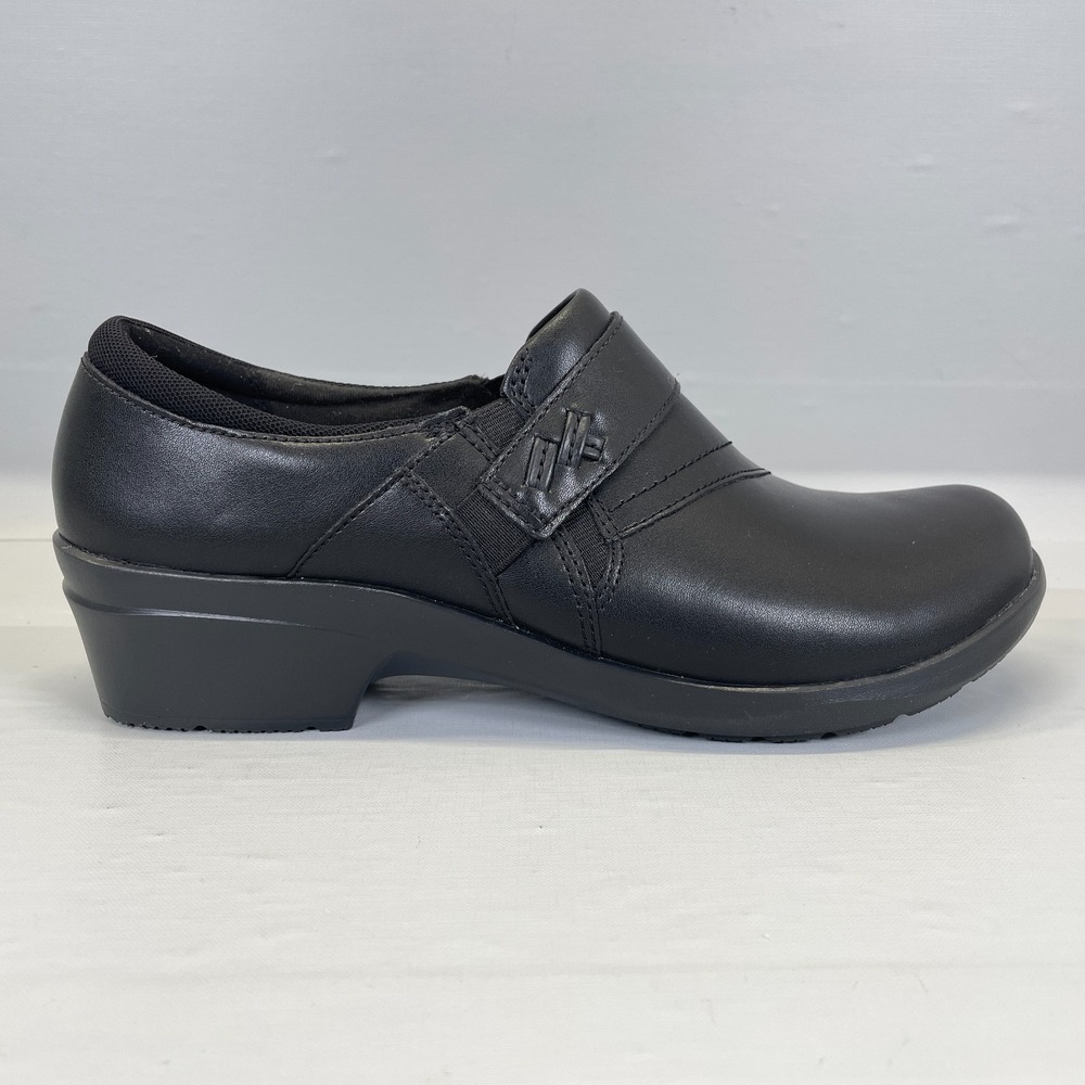 Clarks Angie Pearl Shoes Womens Size 10 W Black Leather Slip On Comfort Loafers
